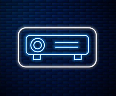 Parlak neon hattı sunumu, film, film, medya projektörü ikonu tuğla duvar arka planında izole edildi. Vektör İllüstrasyonu