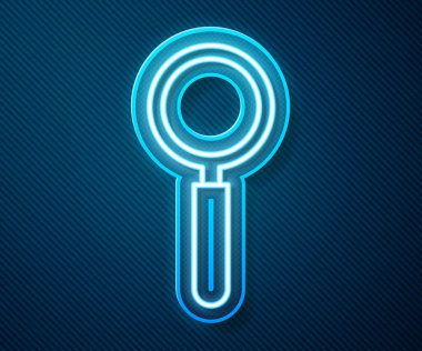 Parlayan neon çizgisi büyüteç ikonu mavi arkaplanda izole edildi. Arama, odaklanma, yakınlaştırma, iş sembolü. Vektör İllüstrasyonu