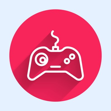 Beyaz çizgi Gamepad simgesi uzun gölgeli izole edildi. Oyun kontrolörü. Kırmızı daire düğmesi. Vektör İllüstrasyonu