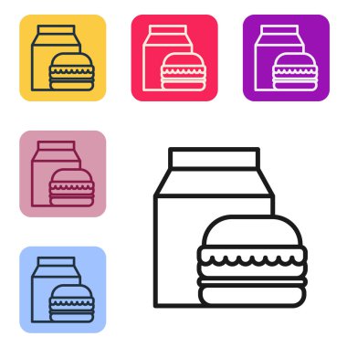 Siyah çizgi çevrimiçi sipariş ve hamburger dağıtım ikonu beyaz arka planda izole edildi. Renkli kare düğmelerle simgeleri ayarla. Vektör İllüstrasyonu