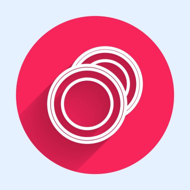 Beyaz çizgi simgesi uzun gölgeli izole edilmiş. Çatal bıçak sembolü. Restoran tabelası. Kırmızı daire düğmesi. Vektör İllüstrasyonu