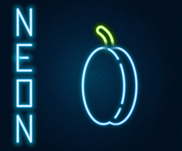 Glödande Neon Linje Plommon Frukt Ikon Isolerad Svart Bakgrund Färgstarkt — Stock vektor