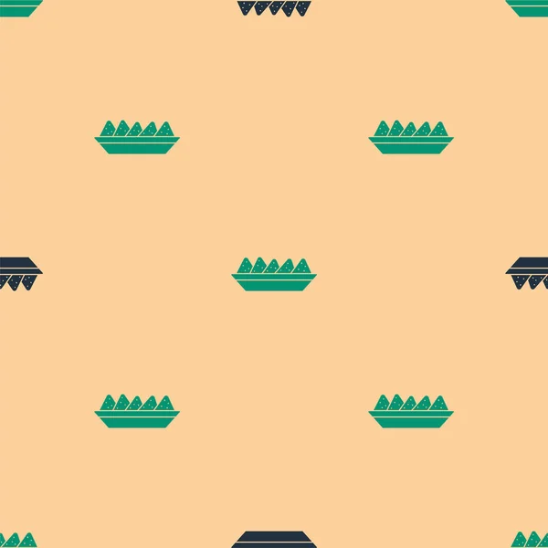 Зеленый Черный Начос Табличке Значок Изолированный Бесшовный Узор Бежевом Фоне — стоковый вектор