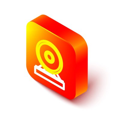 Isometric line Gong musical percussion instrument circular metal disc icon isolated on white background. Orange square button. Vector Illustration vector