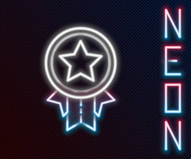 Siyah zemin üzerinde yıldız simgesi olan parlak neon çizgisi madalyası. Kazanan başarı işareti. Ödül madalyası. Renkli taslak konsepti. Vektör İllüstrasyonu