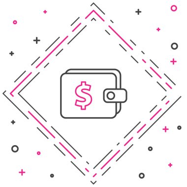 Dolar sembollü çizgi cüzdan beyaz arka planda izole edilmiş. Çanta ikonu. Nakit tasarruf sembolü. Renkli taslak konsepti. Vektör İllüstrasyonu