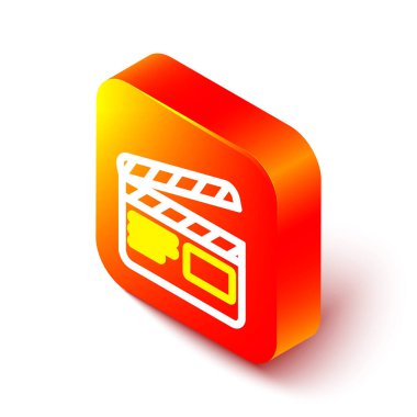 Beyaz arkaplanda Isometric line Movie clapper simgesi izole edildi. Film alkışlama tahtası. Alkış tahtası işareti. Sinema yapımı ya da medya endüstrisi. Turuncu kare düğme. Vektör İllüstrasyonu