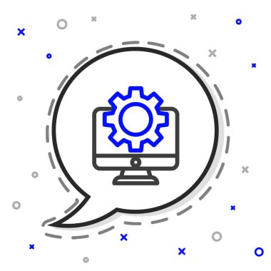 Çizgi bilgisayar monitörü ve dişli simgesi beyaz arkaplanda izole edildi. Ayarlama, servis, ayar, bakım, onarım, onarım. Renkli taslak konsepti. Vektör İllüstrasyonu