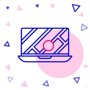 Şehir haritası gezinme simgesinin çizgi bilgileri beyaz arkaplanda izole edildi. Laptop Uygulama Arayüzü tasarımı. Yer belirleme konsepti. Renkli taslak konsepti. Vektör İllüstrasyonu