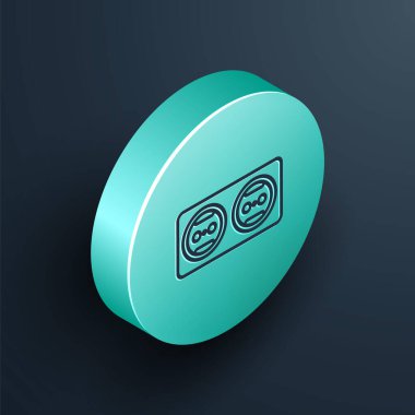 Isometric line Electrical outlet simgesi siyah arkaplanda izole edildi. Elektrik prizi. Rosette sembolü. Turkuaz daire düğmesi. Vektör İllüstrasyonu
