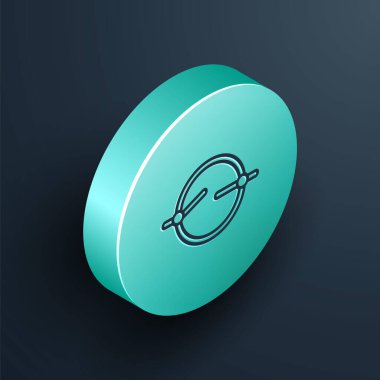 Isometric line Electric devre şeması simgesi siyah arkaplanda izole edildi. Devre kartı. Turkuaz daire düğmesi. Vektör İllüstrasyonu