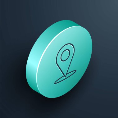 Isometric çizgi haritası pin simgesi siyah arkaplanda izole edildi. Navigasyon, işaret, konum, harita, GPS, yön, yer, pusula, arama konsepti. Turkuaz daire düğmesi. Vektör İllüstrasyonu