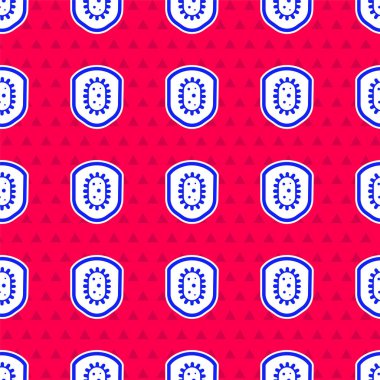 Mavi Kalkan virüsten, mikroplardan ve bakteri simgesinden korunuyor. Kırmızı arka planda izole edilmiş bir iz var. Bağışıklık sistemi konsepti. Corona virüsü 2019-nCoV. Vektör İllüstrasyonu