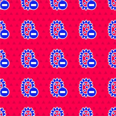 Mavi Negatif virüs simgesi kırmızı zeminde izole edilmiş. Corona virüsü 2019-nCoV. Bakteri ve mikroplar, hücre kanseri, mikrop, mantar. Vektör İllüstrasyonu