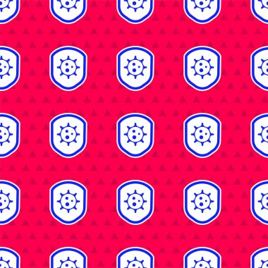 Mavi Kalkan virüsten, mikroplardan ve bakteri simgesinden korunuyor. Kırmızı arka planda izole edilmiş bir iz var. Bağışıklık sistemi konsepti. Corona virüsü 2019-nCoV. Vektör İllüstrasyonu