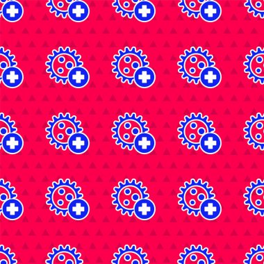 Mavi Pozitif Virüs simgesi kırmızı arkaplanda izole edilmiş. Corona virüsü 2019-nCoV. Bakteri ve mikroplar, hücre kanseri, mikrop, mantar. Vektör İllüstrasyonu