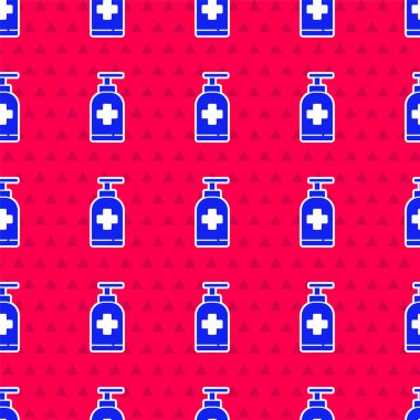 Mavi şişe anti bakteriyel sabun. Kırmızı arkaplanda izole edilmiş ikon var. Antiseptik. Dezenfeksiyon, hijyen, cilt bakımı. Vektör İllüstrasyonu