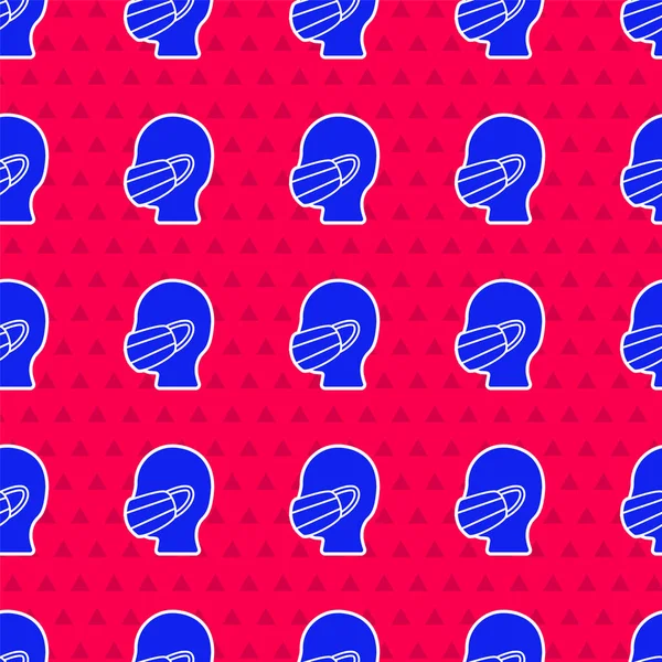 Mavi adam yüzü tıbbi koruyucu maske ikonunda kırmızı arka planda izole edilmiş kusursuz desen. Karantinaya alın. Vektör İllüstrasyonu