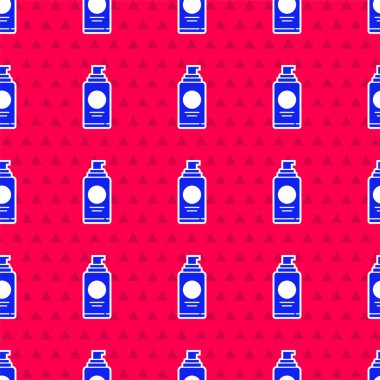Saç spreyi için mavi sprey kutusu, deodorant, terleme önleyici ikon kırmızı arka planda izole edilmiş dikişsiz desen. Vektör İllüstrasyonu