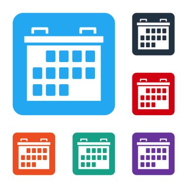 Beyaz takvim simgesi beyaz arkaplanda izole edildi. Olay hatırlatma sembolü. Renkli kare düğmelerle simgeleri ayarla. Vektör İllüstrasyonu