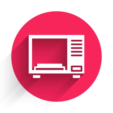 Uzun gölgeli beyaz mikrodalga fırın ikonu. Ev aletleri simgesi. Kırmızı daire düğmesi. Vektör İllüstrasyonu
