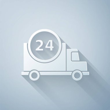 Kağıt, gri arka planda izole edilmiş araba ikonu ile günün her saati hızlı kesilmiş. Kağıt sanatı tarzı. Vektör İllüstrasyonu