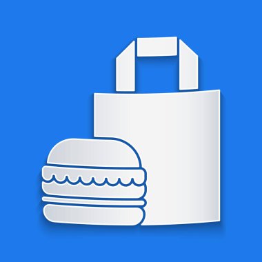 Kağıt kesiği Online sipariş ve hamburger dağıtım ikonu mavi arka planda izole edildi. Kağıt sanatı tarzı. Vektör İllüstrasyonu
