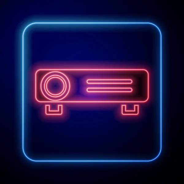 Świecący Neon Prezentacja Film Film Ikona Projektora Multimedialnego Odizolowana Niebieskim — Wektor stockowy