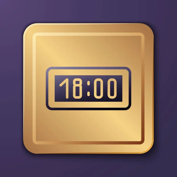 紫の背景に隔離されたデジタル目覚まし時計のアイコン 電子時計の目覚まし時計 タイムアイコン 金の四角形のボタン ベクターイラスト — ストックベクタ