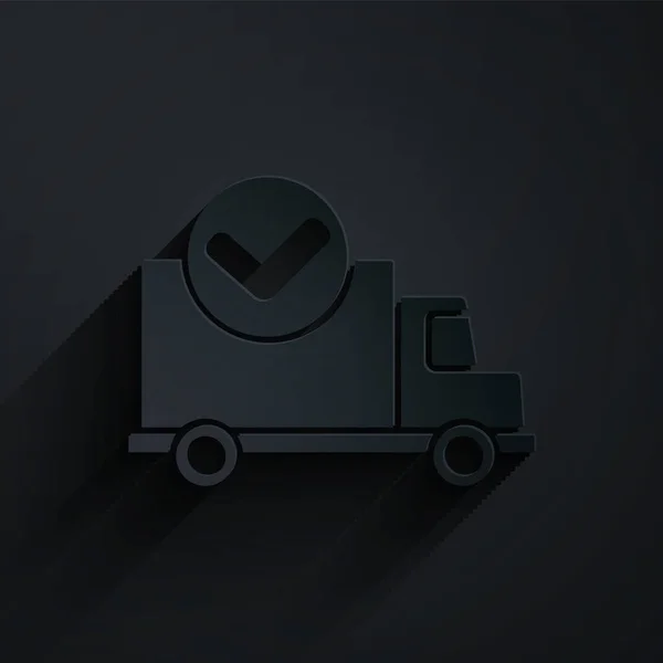 Cięcie Papieru Dostawa Ciężarówka Ikoną Znaku Kontrolnego Izolowane Czarnym Tle — Wektor stockowy