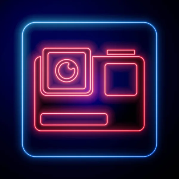 Светящийся Неоновый Экстремальный Значок Камеры Действия Выделенный Синем Фоне Видеокамеры — стоковый вектор