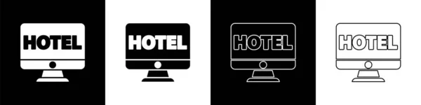 Set Online Hotelreservering Pictogram Geïsoleerd Zwart Wit Achtergrond Online Booking — Stockvector