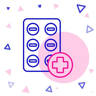 Kabarcık torbası ikonundaki çizgi hapları beyaz arka planda izole edilmiş. İlaç paketi. Tablet, vitamin, antibiyotik, aspirin. Renkli taslak konsepti. Vektör İllüstrasyonu