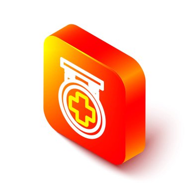 Isometric Line Hastane tabela simgesi beyaz arka planda izole edildi. Turuncu kare düğme. Vektör İllüstrasyonu