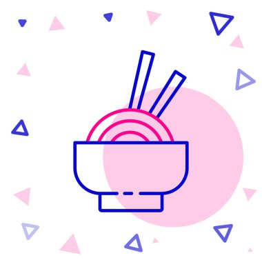 Tabaktaki Asya erişteleri ve beyaz arka planda izole edilmiş yemek çubukları. Sokak yemeği. Kore, Japon, Çin yemekleri. Renkli taslak konsepti. Vektör İllüstrasyonu