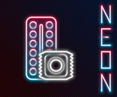 Siyah arka planda izole edilmiş, parlayan neon hattı doğum kontrol hapları ve prezervatif paketi paket güvenli seks ikonu. Doğum kontrol hapı. Renkli taslak konsepti. Vektör İllüstrasyonu