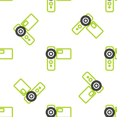 Line Cinema kamera simgesi beyaz arkaplanda kusursuz desen izole etti. Video kamera. Film tabelası. Film projektörü. Vektör İllüstrasyonu