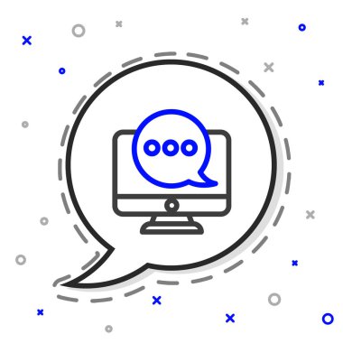 Beyaz arkaplanda izole edilmiş monitör simgesindeki Satır Yeni Sohbet mesajları bildirimi. Smartphone sohbet mesajları konuşma baloncukları. Renkli taslak konsepti. Vektör İllüstrasyonu