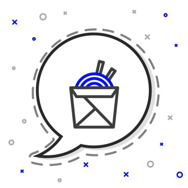 Karton kutuda Asya erişteleri ve beyaz arka planda izole edilmiş yemek çubukları ikonu. Sokak yemeği. Kore, Japon, Çin yemekleri. Renkli taslak konsepti. Vektör İllüstrasyonu