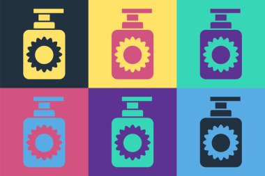 Pop Art Sunscreen sprey şişesi ikonu renk arkaplanda izole edilmiş. Cilt için güneş ultraviyole ışığından koruma. Vektör İllüstrasyonu