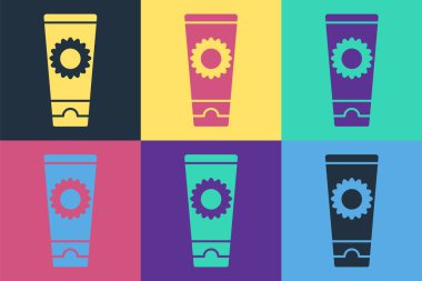 Pop Art Sunscreen kremi renkli arka planda izole edilmiş tüp simgesinde. Cilt için güneş ultraviyole ışığından koruma. Vektör İllüstrasyonu
