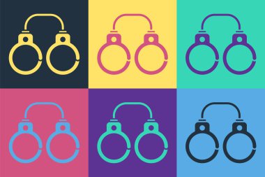 Pop Art Sexy pofuduk kelepçe ikonu renk arkaplanda izole edilmiş. Fetiş aksesuarı. Sadist ve mazoşist için seks dükkanı malzemeleri. Vektör İllüstrasyonu