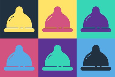 Pop Art Prezervatif Güvenli Seks ikonu Renkli arka planda izole. Güvenli aşk sembolü. Erkekler için doğum kontrol yöntemi. Vektör İllüstrasyonu