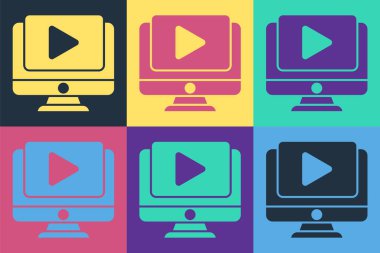 Pop art Online video oynatma simgesi renk arkaplanında izole edildi. Bilgisayar monitörü ve oyun işaretli film şeridi. Vektör İllüstrasyonu