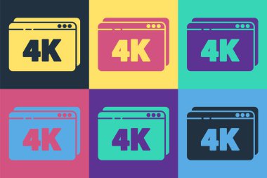 Pop art Online video oyunu 4k Ultra HD video teknolojisi ikonu renk arkaplanında izole edildi. Oyun işaretli film şeridi. Vektör İllüstrasyonu