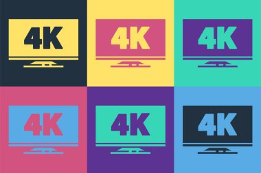 Pop Art Screen TV 4k Ultra HD video teknolojisi ikonu renk arkaplanında izole edildi. Vektör İllüstrasyonu