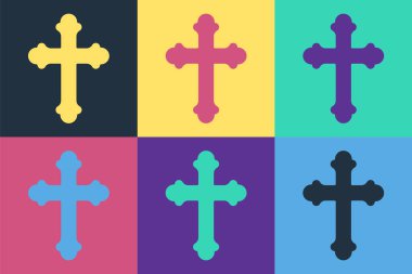 Pop Art Christian haç simgesi renk arkaplanında izole edildi. Kilise haçı. Vektör İllüstrasyonu