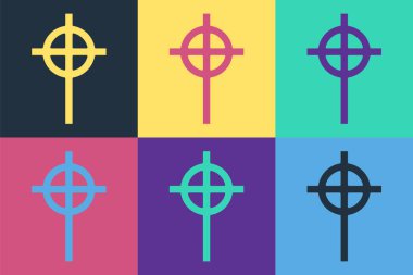Pop Art Christian haç simgesi renk arkaplanında izole edildi. Kilise haçı. Vektör İllüstrasyonu