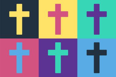 Pop Art Christian haç simgesi renk arkaplanında izole edildi. Kilise haçı. Vektör İllüstrasyonu