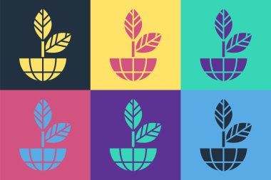Pop Art Earth küresi ve bitki simgesi renk arkaplanında izole edildi. Dünya ya da Dünya işareti. Geometrik şekiller. Çevresel konsept. Vektör İllüstrasyonu